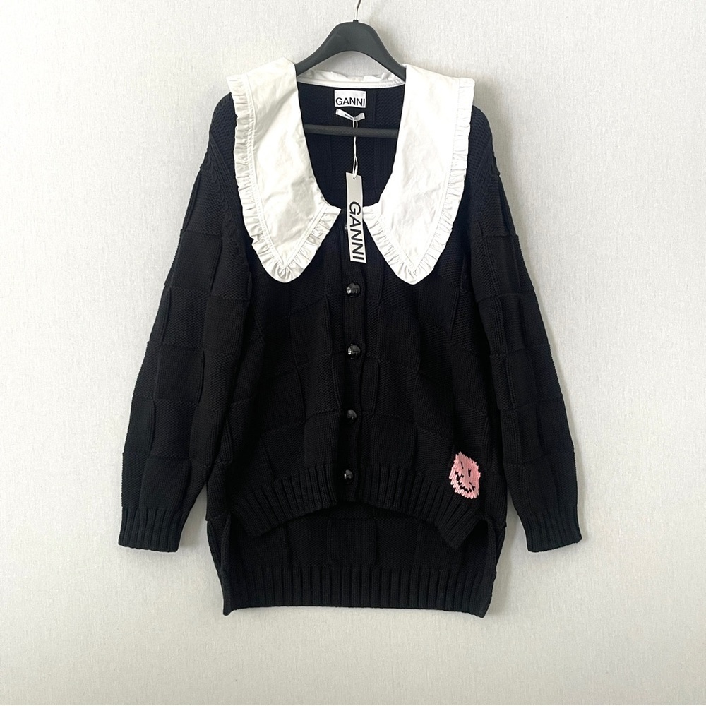 GANNI Smiley Face Oversized-Collar Basketweave Cardigan